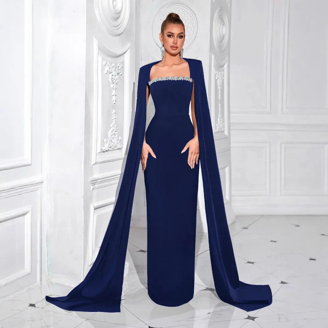 Square Neck Rhinestone Long Sleeve Maxi Evening Dress Formal Gown - Styeenigma