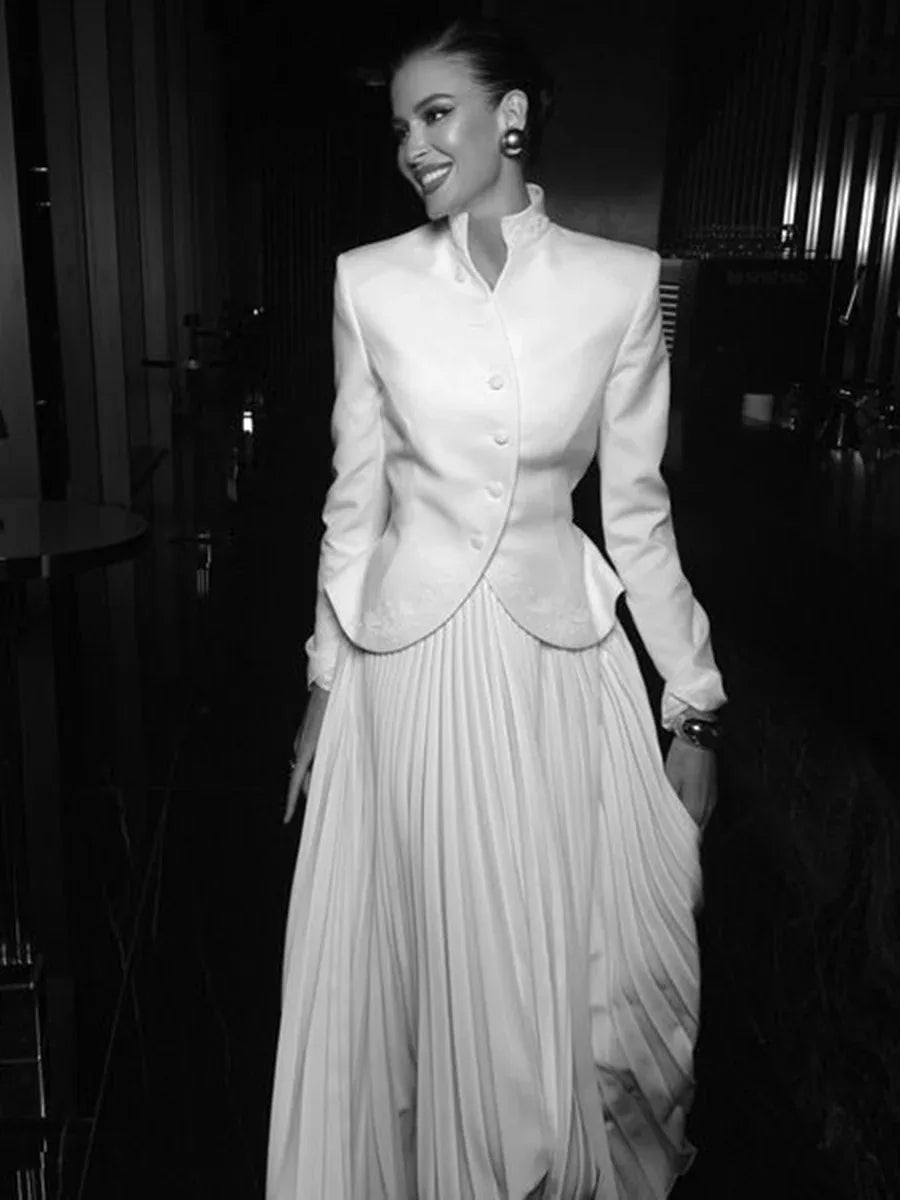 Elegant Women’s Two-Piece Set – 3D Embroidered Jacket & High-Waist Pleated Skirt - Styeenigma