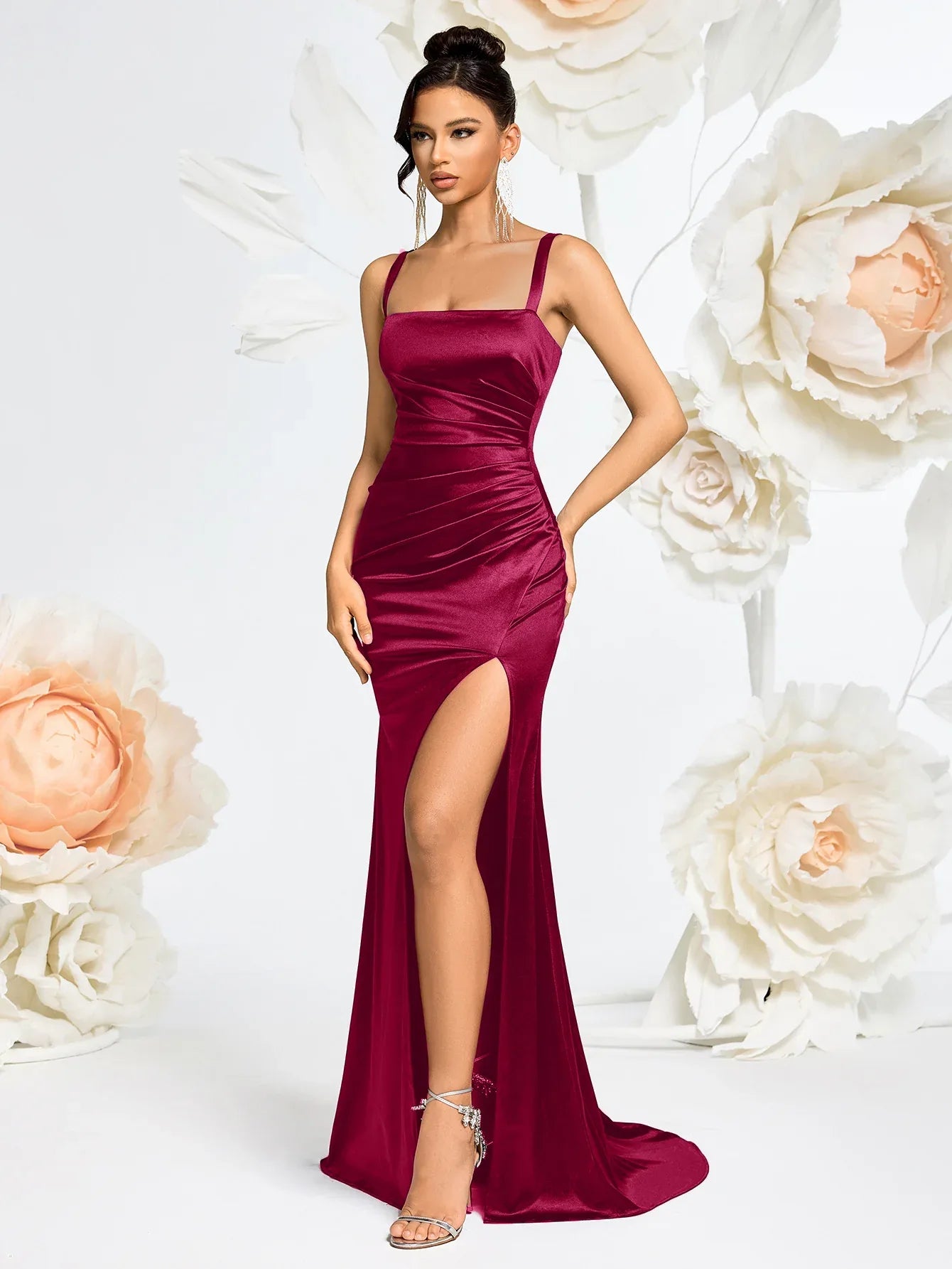 Satin Spaghetti Strap High Split Prom Dress – Ball Gown - Styeenigma