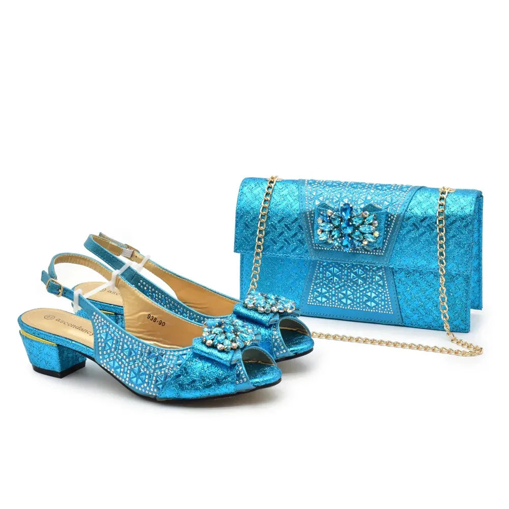 Rhinestone Floral Buckle High Heel Shoes & Bag Set - Styeenigma
