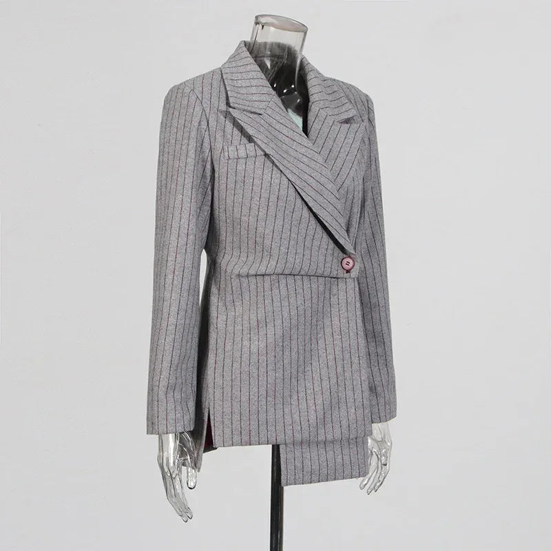 Vintage Lazy Style Grey Striped Irregular Design Blazer for Women. - Styeenigma