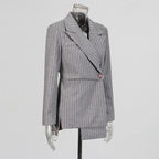 Vintage Lazy Style Grey Striped Irregular Design Blazer for Women. - Styeenigma