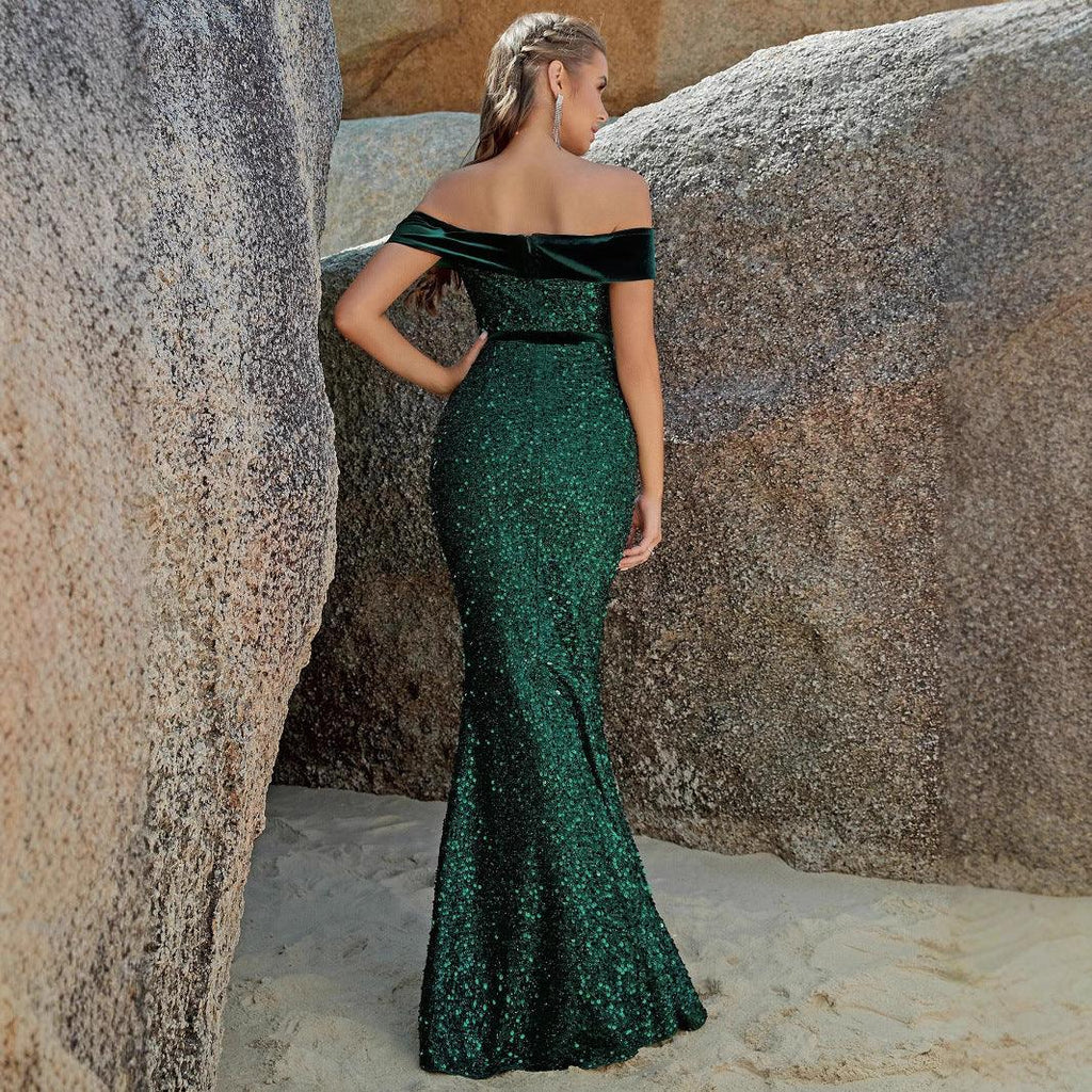 Sequin Off-the-Shoulder Mermaid Evening Gown with Slit Formal Dress - Styeenigma