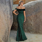 Sequin Off-the-Shoulder Mermaid Evening Gown with Slit Formal Dress - Styeenigma