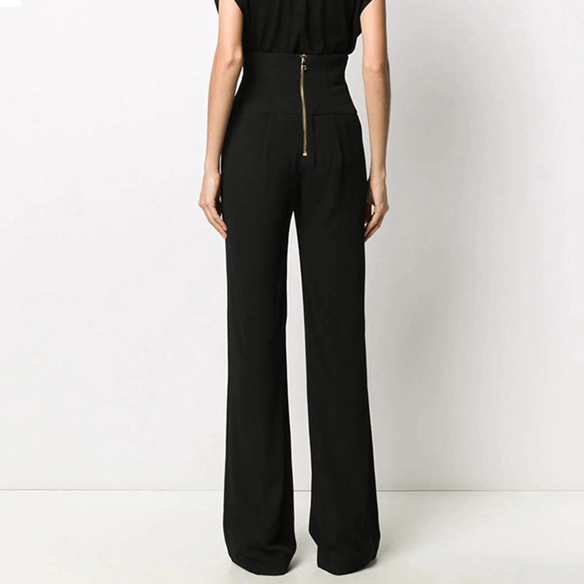 Black High-Waist Flared Trousers – Elegant Pants with Gold Buttons