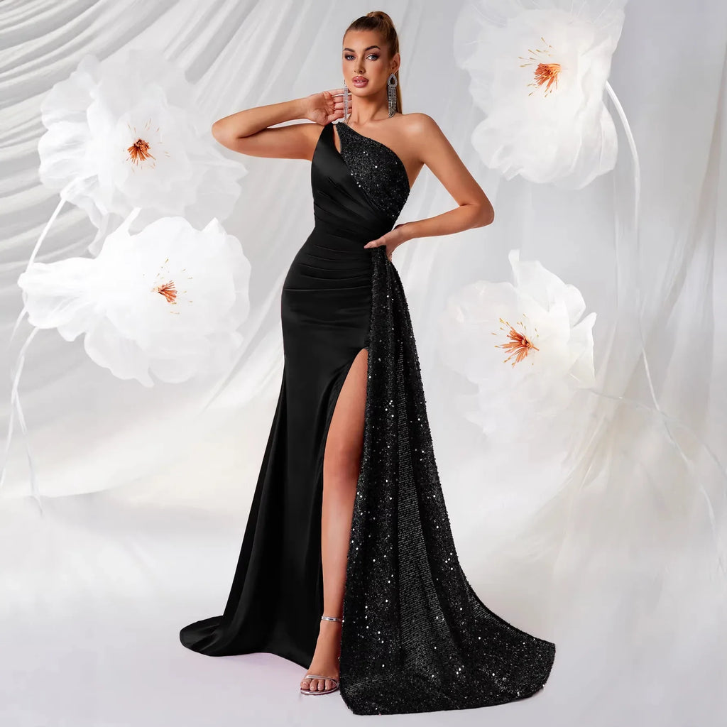 Single Shoulder Sequin Prom Dress with High Slit – Long Evening Gown - Styeenigma