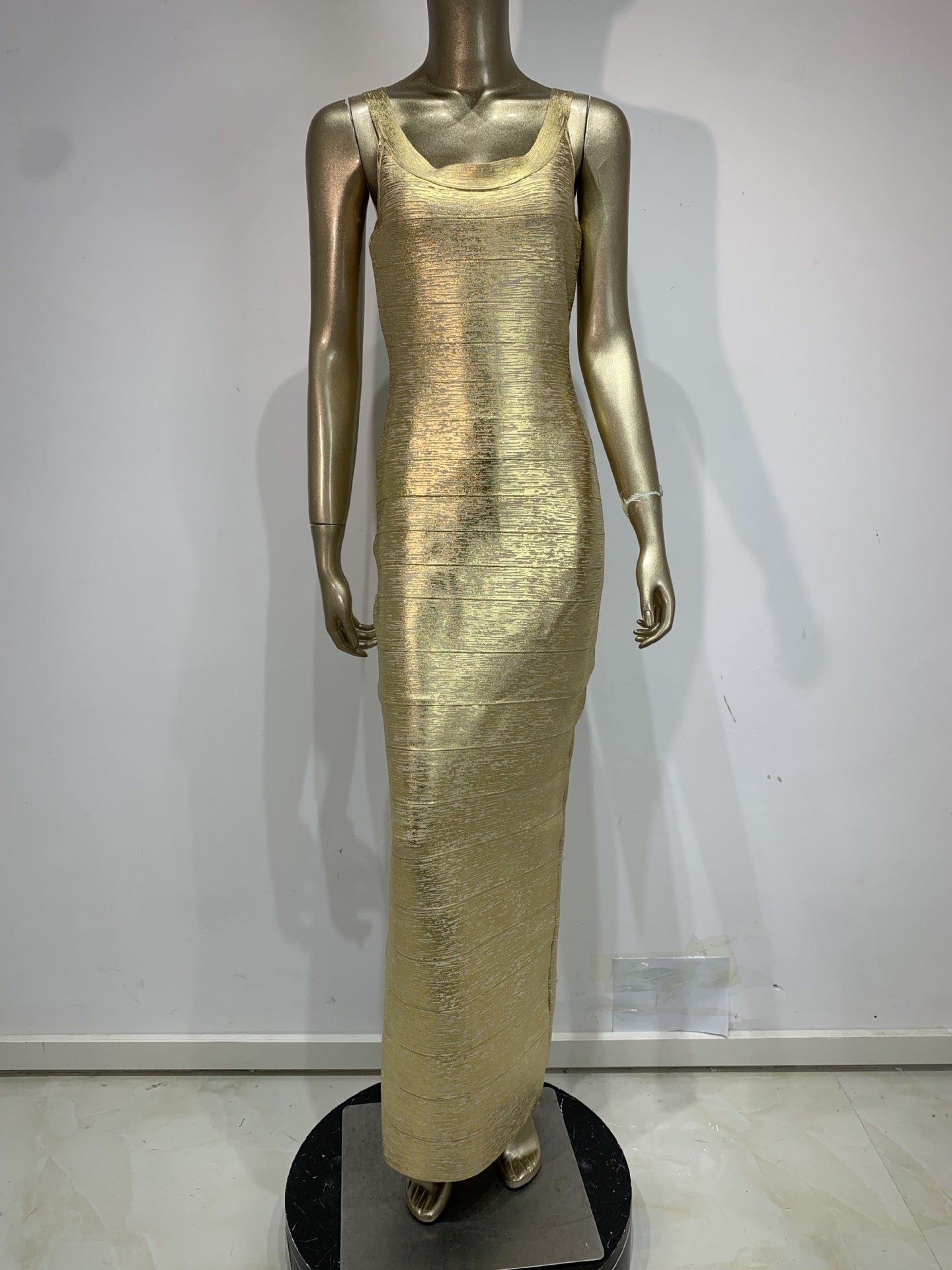 Slinky Metallic Bodycon Maxi Dress | Women's Sleeveless U-Neck Stretchy Evening Gown