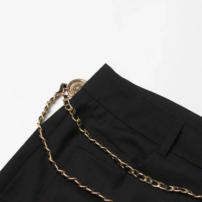 High Waist Chain Belt Straight Pants – Women’s Black Trousers