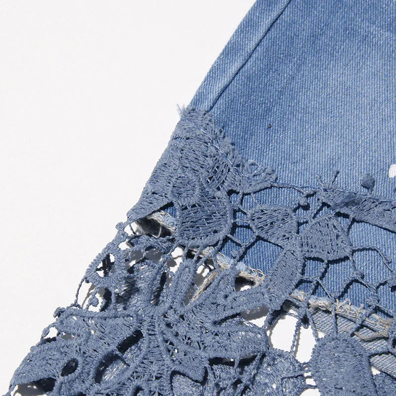 High Waist Lace Patchwork Straight-Leg Denim Pants for Women