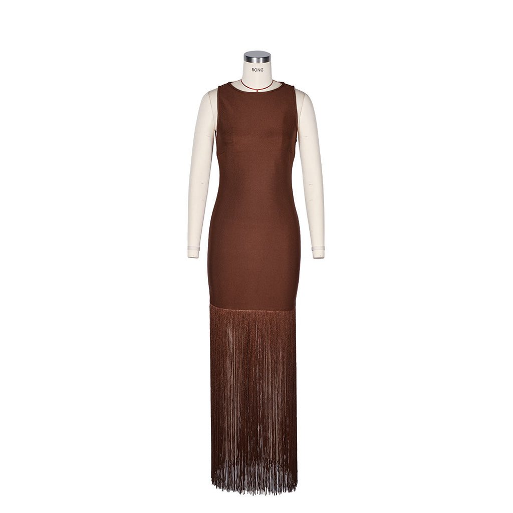 Sleeveless Bandage Dress with Fringe Hem – Coffee Party Gown for Women