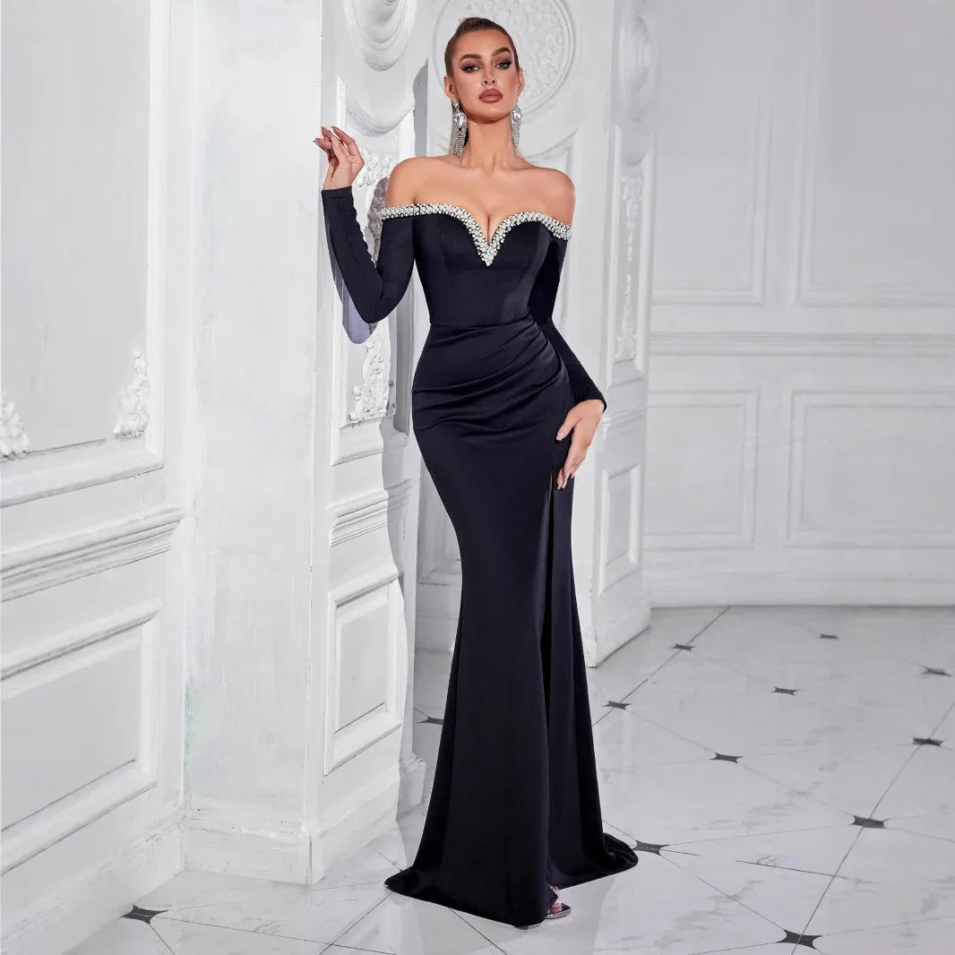 Long Sleeve Strapless Rhinestone Embellished Mermaid Evening Gown Dress - Styeenigma