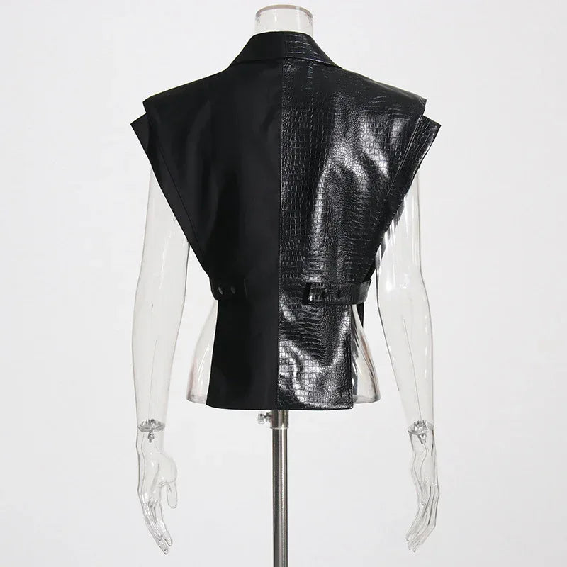 Crocodile Embossed Leather Patchwork V-Neck Vest for Women - Styeenigma