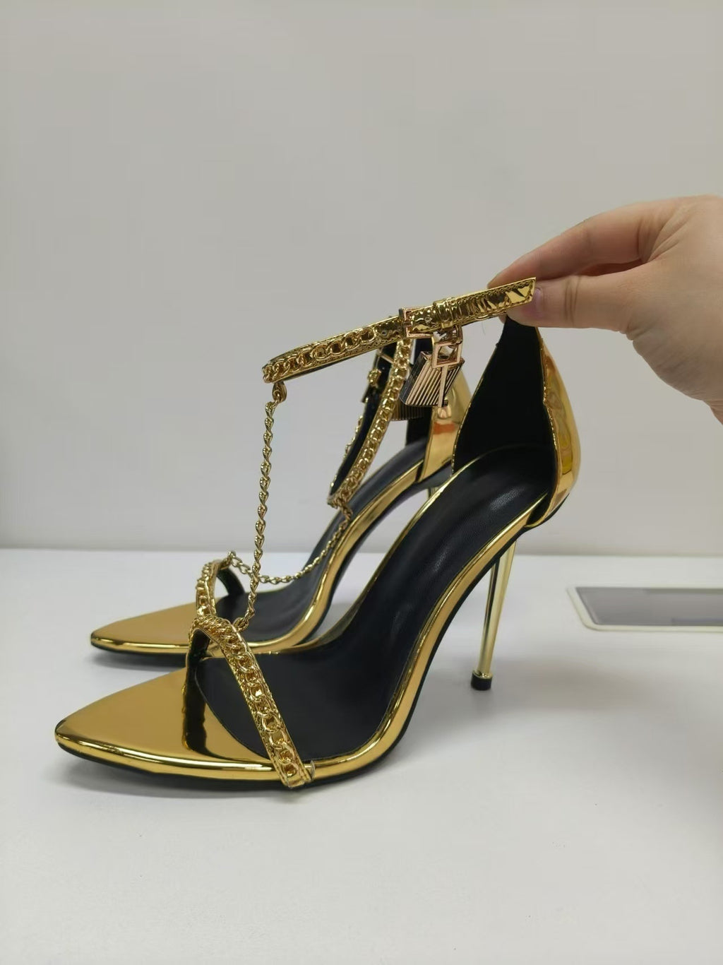 Gold Chain Stiletto Heels for Women – Metallic Sandals with Ankle Strap & Tassel Charm - Styeenigma