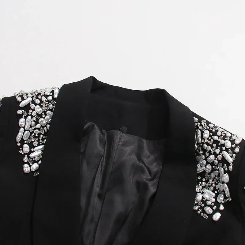 Women’s Black Suit Two-Piece Set – Rhinestone Blazer & High-Waist Straight Leg Pantsuit - Styeenigma