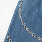 High-Waist Rhinestone Patchwork Wide-Leg Jeans Straight Denim Pants Women