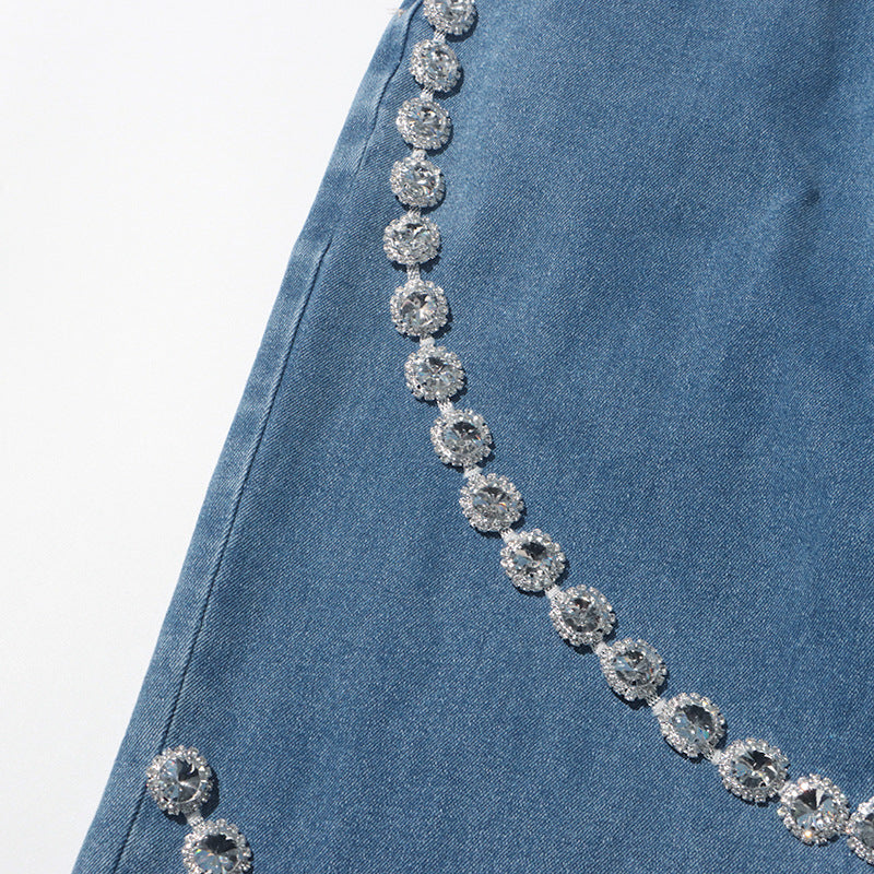 High-Waist Rhinestone Patchwork Wide-Leg Jeans Straight Denim Pants Women