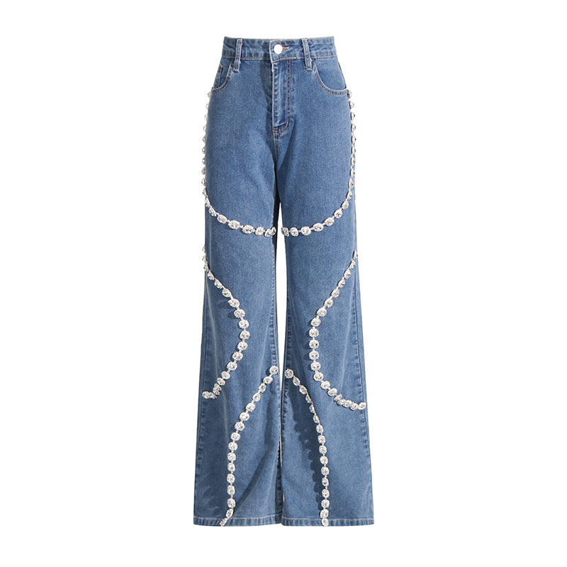 High-Waist Rhinestone Patchwork Wide-Leg Jeans Straight Denim Pants Women