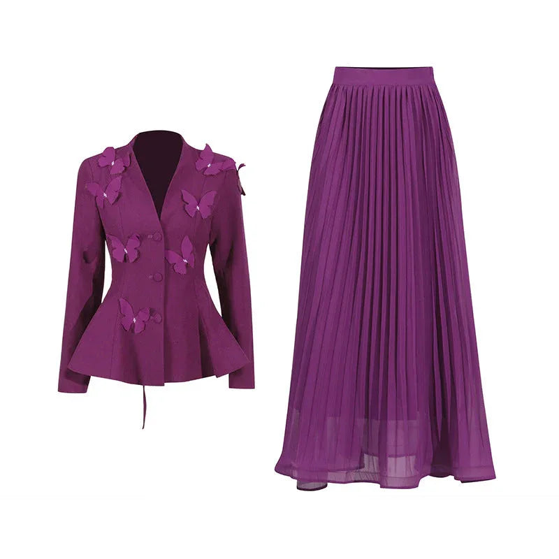 Elegant Two-Piece Set – 3D Embroidered Jacket & High-Waist Pleated Skirt - Styeenigma