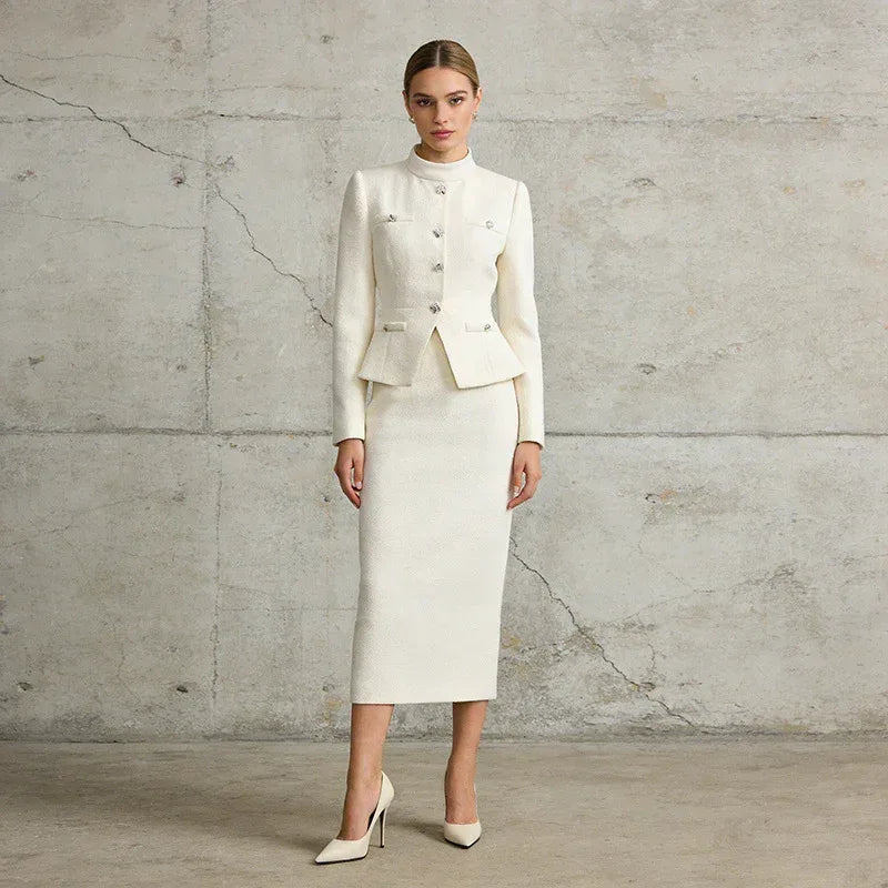 Women’s Two-Piece Set – Stand Collar Short Top & Midi Skirt - Styeenigma