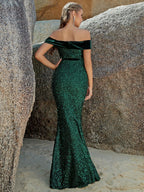 Sequin Off-the-Shoulder Mermaid Evening Gown with Slit Formal Dress - Styeenigma