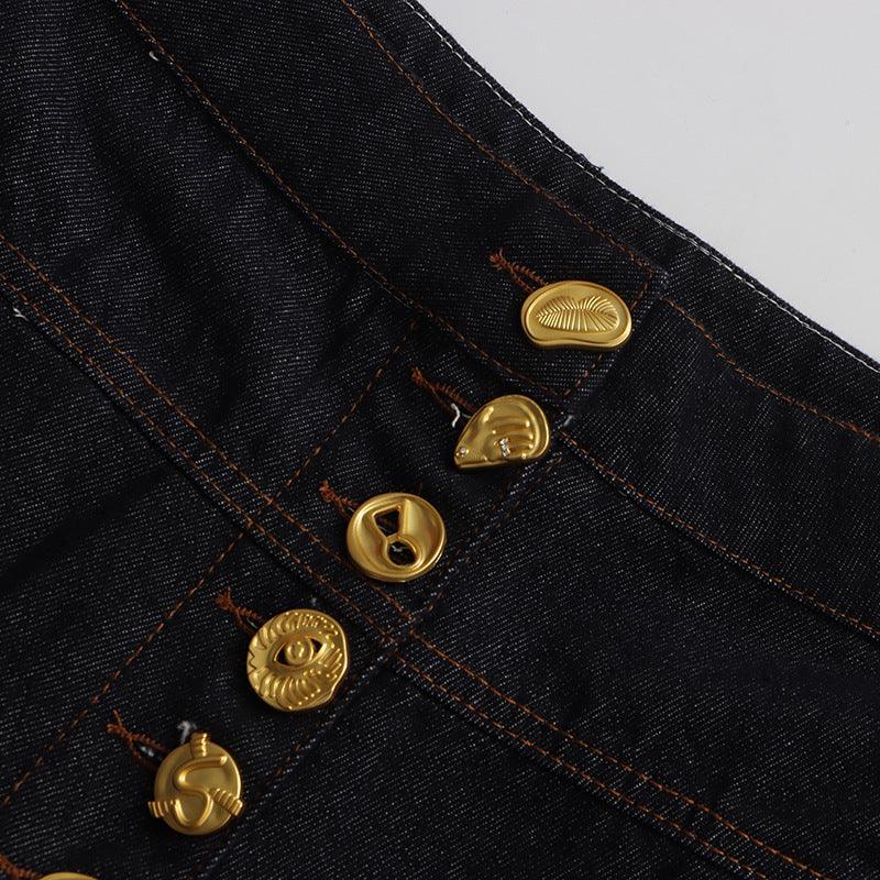 High Waist Rivet Button Straight Wide-Leg Denim Jeans Pants for Women - Styeenigma