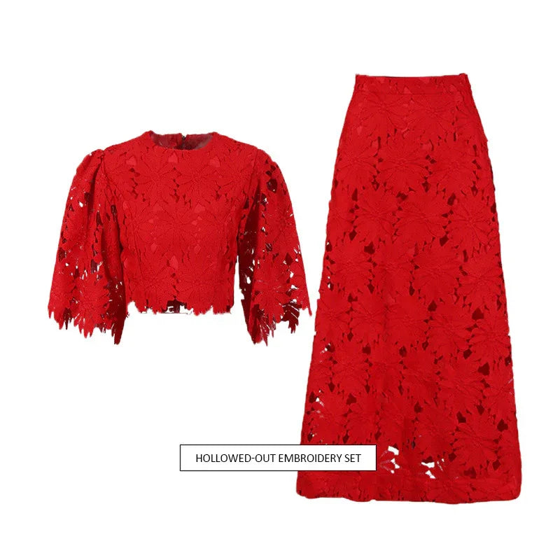 Elegant Two-Piece Set – Embroidered Hollow-Out Crewneck Top & High-Waist Skirt - Styeenigma