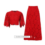 Elegant Two-Piece Set – Embroidered Hollow-Out Crewneck Top & High-Waist Skirt - Styeenigma