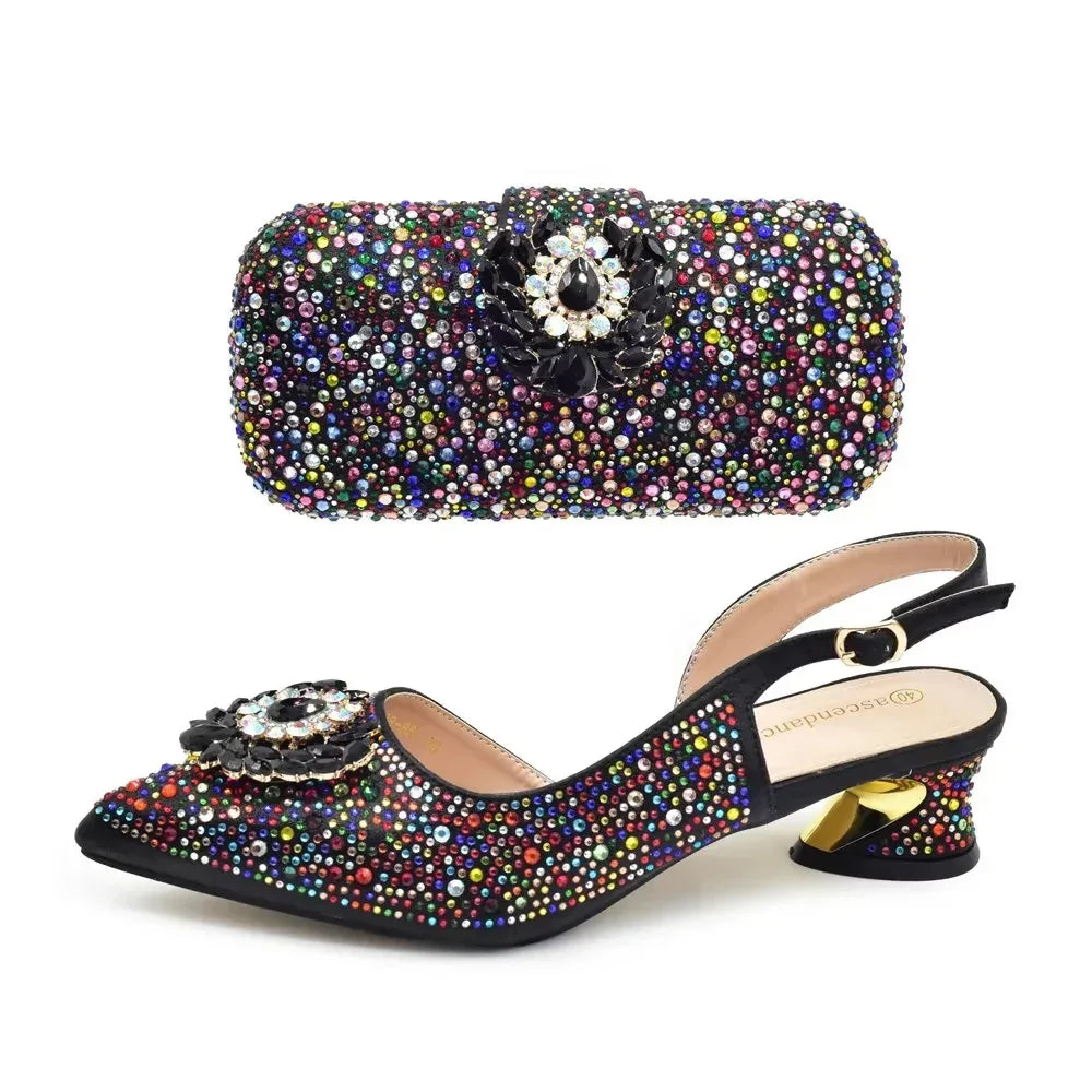 Rhinestone High Heel Shoes & Gemstone Hardbox Bag Set - Styeenigma