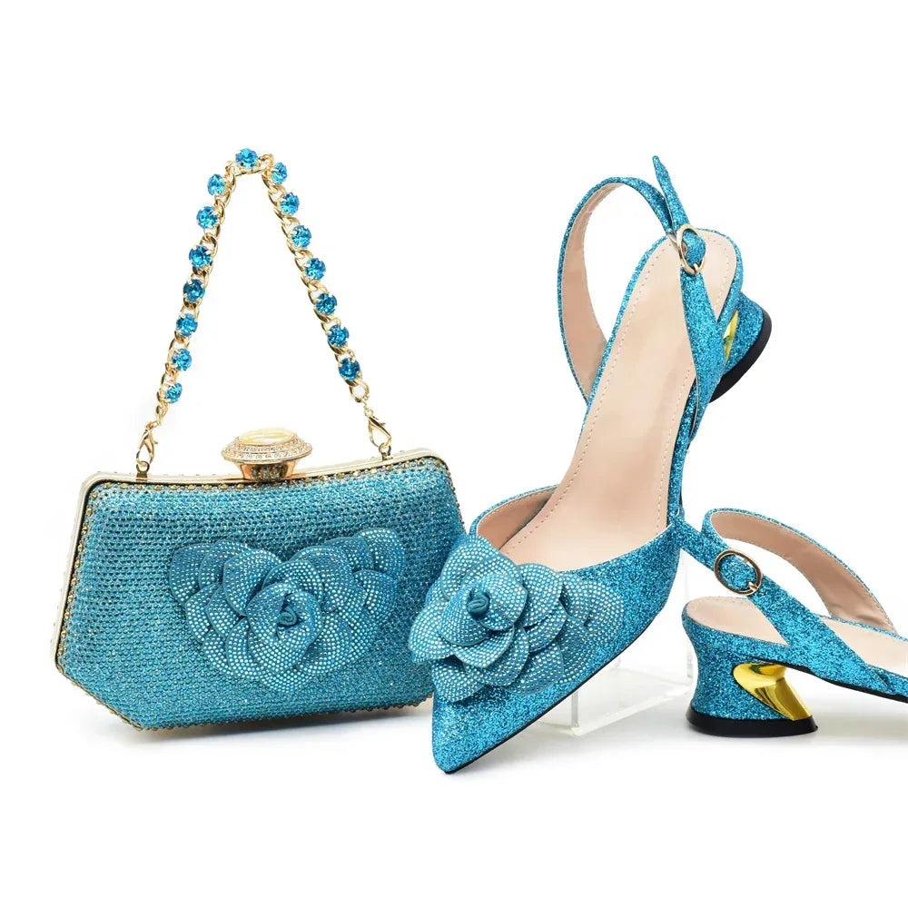 Floral Kitten Heels Sandals & Gemstone Hardbox Bag Evening Set - Styeenigma