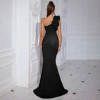 Flower Appliqué One Shoulder Mermaid Long Prom Dress with High Slit - Styeenigma