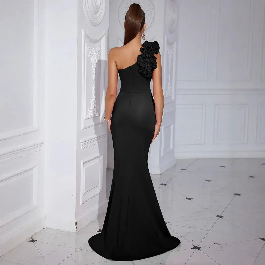 Flower Appliqué One Shoulder Mermaid Long Prom Dress with High Slit - Styeenigma