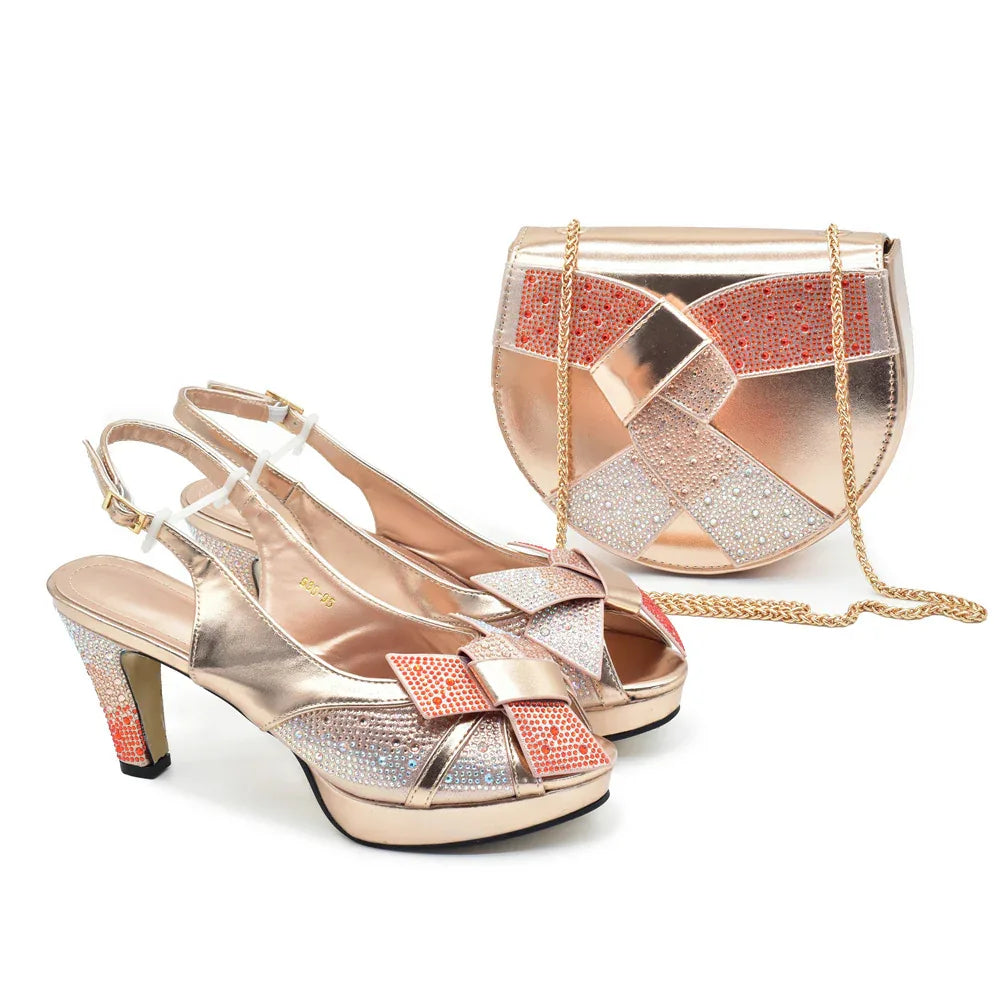 Peep Toe Rhinestone High Heel Sandals & Matching Bag Evening Set - Styeenigma