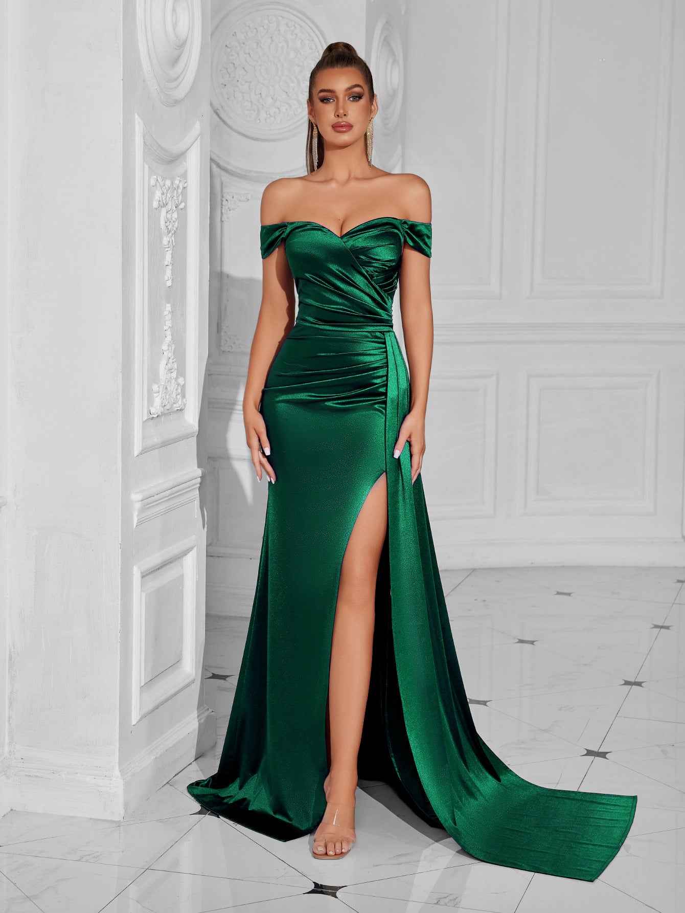 Mermaid Satin Off Shoulder Prom Dress with High Split – Ball Gown For Events
