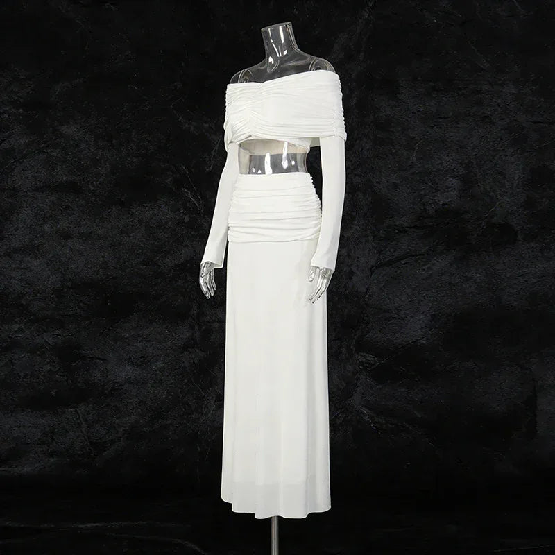 Minimalist Sexy Women’s Two-Piece Set – Off-Shoulder Long Sleeve Crop Top & Pleated Skirt - Styeenigma