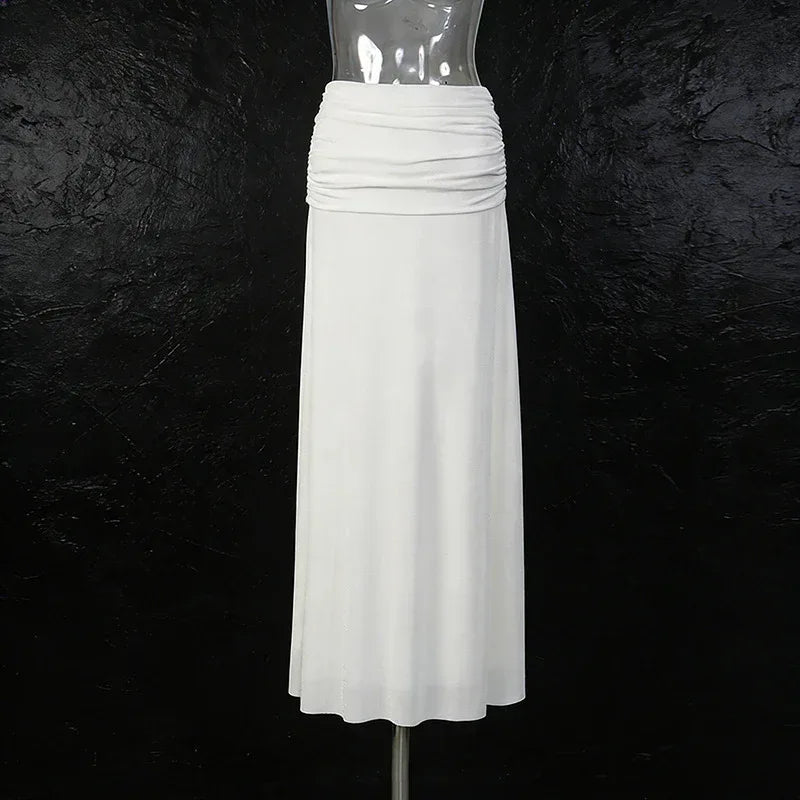 Minimalist Sexy Women’s Two-Piece Set – Off-Shoulder Long Sleeve Crop Top & Pleated Skirt - Styeenigma