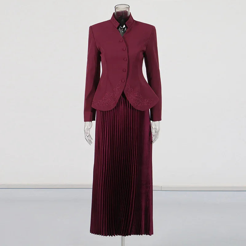 Elegant Women’s Two-Piece Set – 3D Embroidered Jacket & High-Waist Pleated Skirt - Styeenigma