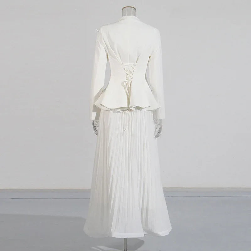 Elegant Two-Piece Set – 3D Embroidered Jacket & High-Waist Pleated Skirt - Styeenigma