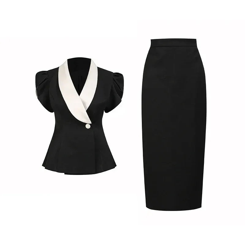 Sweet Style Women’s Two-Piece Set – V-Neck Top & Slimming Skirt Suit - Styeenigma