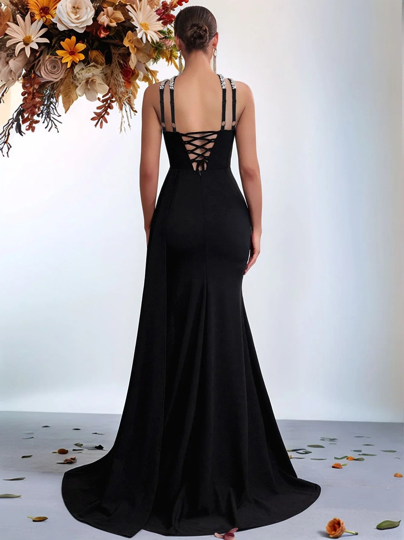 Halter Rhinestone Mermaid Evening Gown – Black Formal Dress with Side Slit & Train