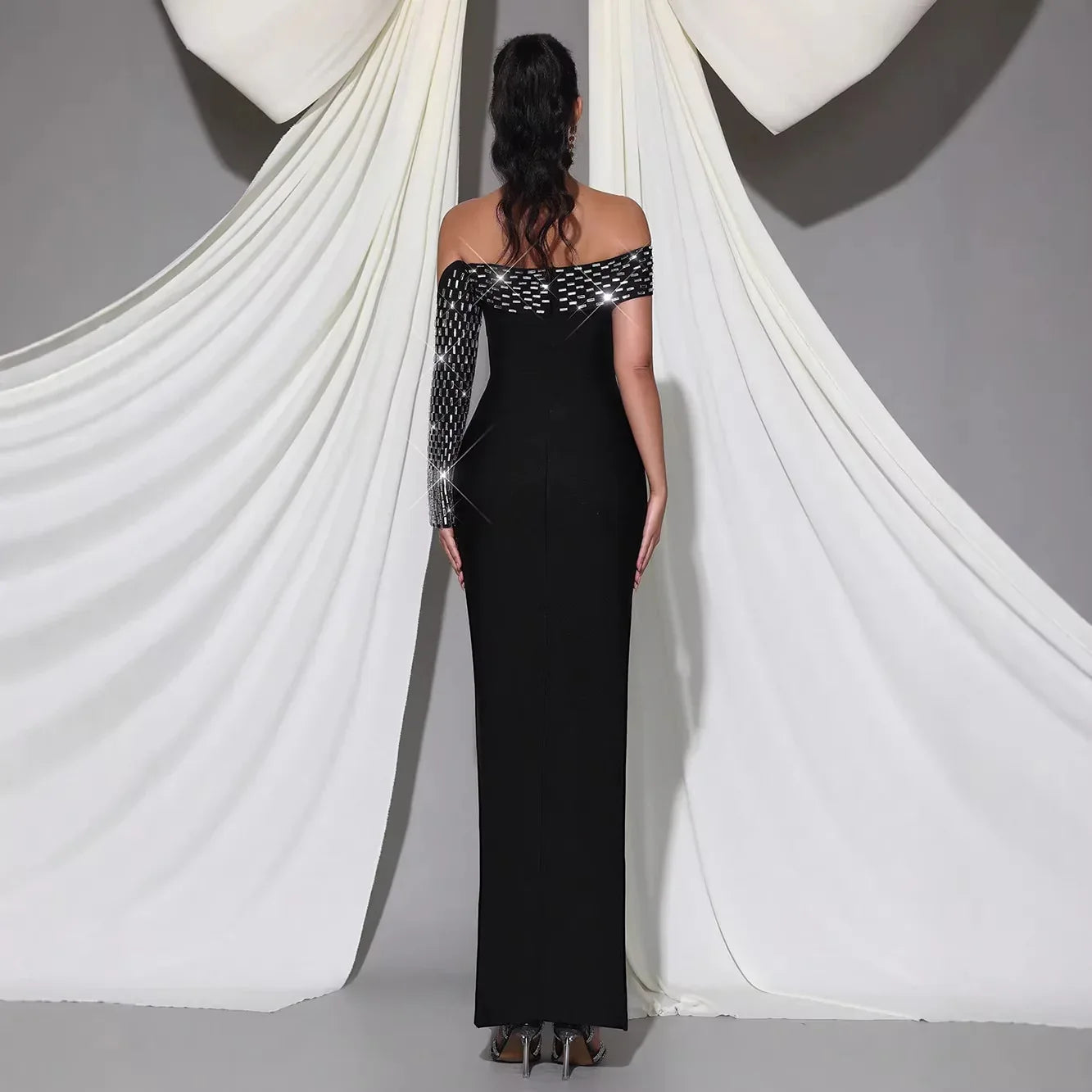 Rhinestone One-Shoulder Bandage Evening Gown – Off Shoulder Formal Maxi Dress - Styeenigma