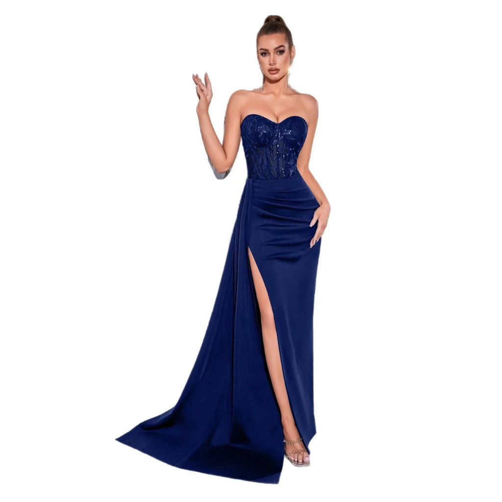 Sequin Strapless Ruched High Slit Evening Gown Dress – Elegant Formal Maxi - Styeenigma