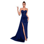 Sequin Strapless Ruched High Slit Evening Gown Dress – Elegant Formal Maxi - Styeenigma