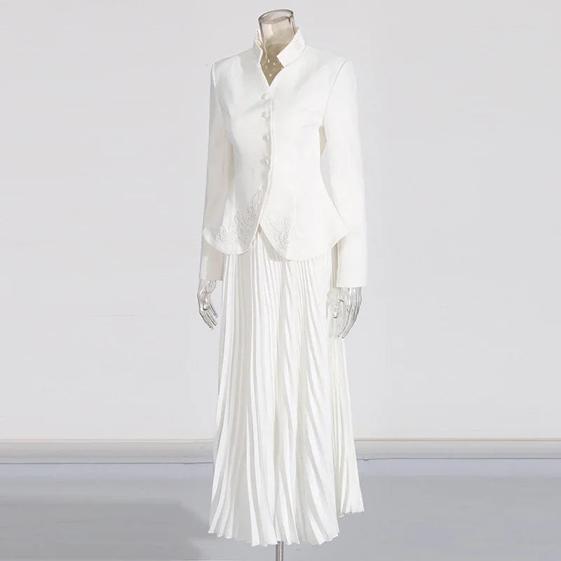 Elegant Women’s Two-Piece Set – 3D Embroidered Jacket & High-Waist Pleated Skirt - Styeenigma
