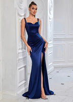 Navy Blue Strapless Spaghetti Strap Prom Dress with High Slit – Long Evening Gown - Styeenigma