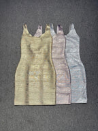 Shimmering Metallic Mini Dress - Sleeveless U-Neck Bandage Party Dress for Women