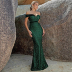 Sequin Off-the-Shoulder Mermaid Evening Gown with Slit Formal Dress - Styeenigma