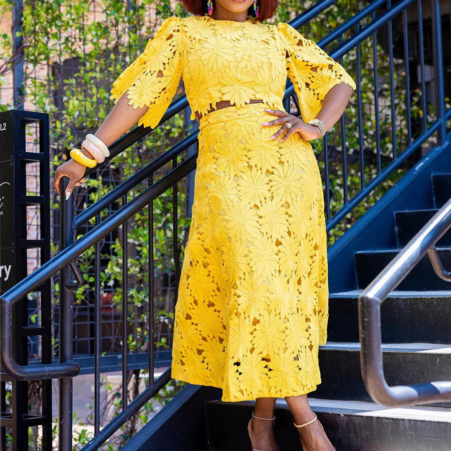 Elegant Two-Piece Set – Embroidered Hollow-Out Crewneck Top & High-Waist Skirt - Styeenigma