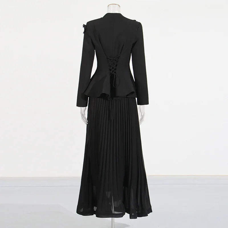 Elegant Two-Piece Set – 3D Embroidered Jacket & High-Waist Pleated Skirt - Styeenigma