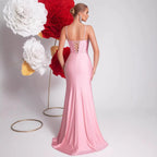 Pink Sling Fishbone Evening Gown Dress – Crystal Appliques, High Slit Mermaid Style - Styeenigma