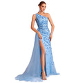 Sky Blue Beaded Sequin One Shoulder High Slit Evening Gown For Party & Formal - Styeenigma